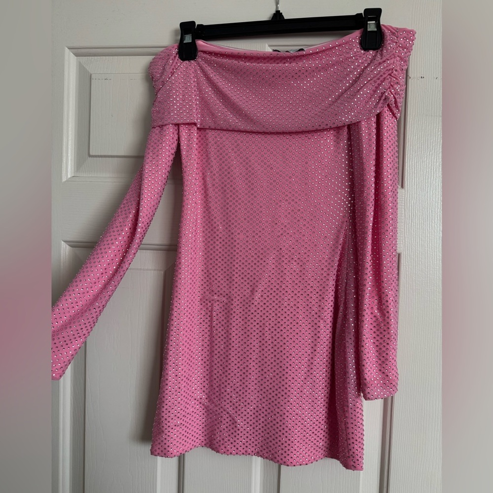 That’s So Fetch sparkle pink off shoulder mini dress